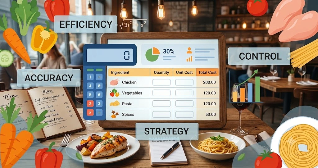 Colorful digital Food Cost Calculator interface showing a calculator keypad, ingredient table with Chicken, Vegetables, Pasta and Spices, real-time total cost fields, 30% efficiency pie chart, and surrounding fresh food illustrations including vegetables, chicken, and pasta in a restaurant setting.