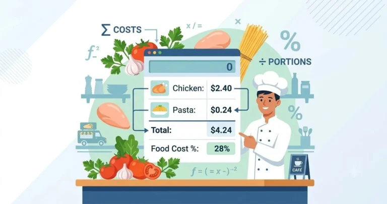 Calculate food cost for a recipe using step-by-step formula, menucostcalculator.com