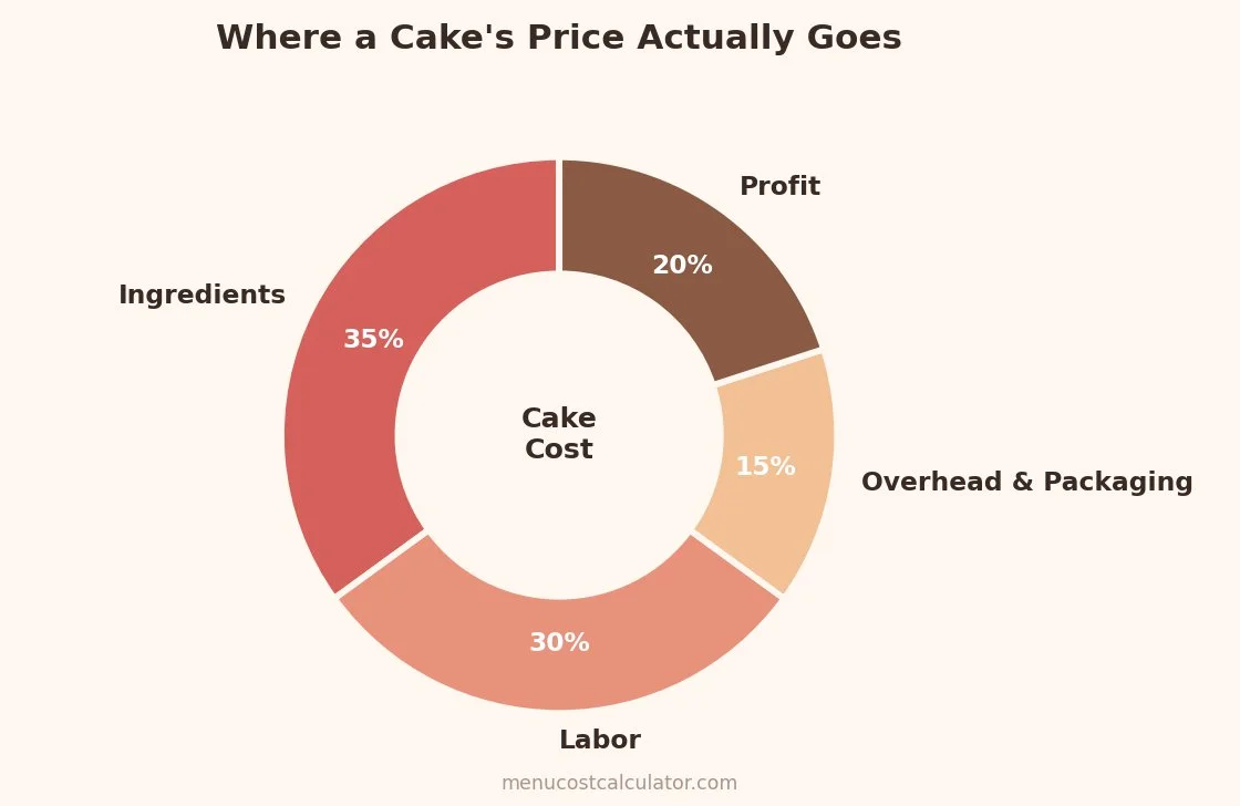 Cost breakdown showing how to price a cake, 35% ingredients, 30% labor, 15% overhead, 20% profit
